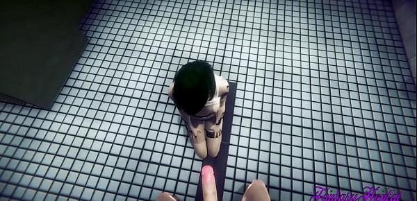  Cyber Punk 2077 Hentai Sex in a Public Toilet blowjob sucking a big dick with cum in her mouth and creampie in pussy